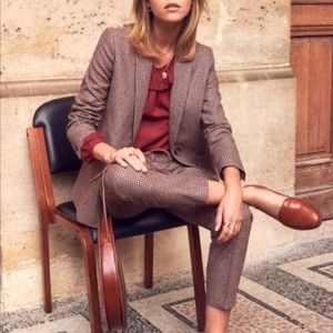 Sezane Jacquard Gustav Trouser in Marine Bordeaux Tiles